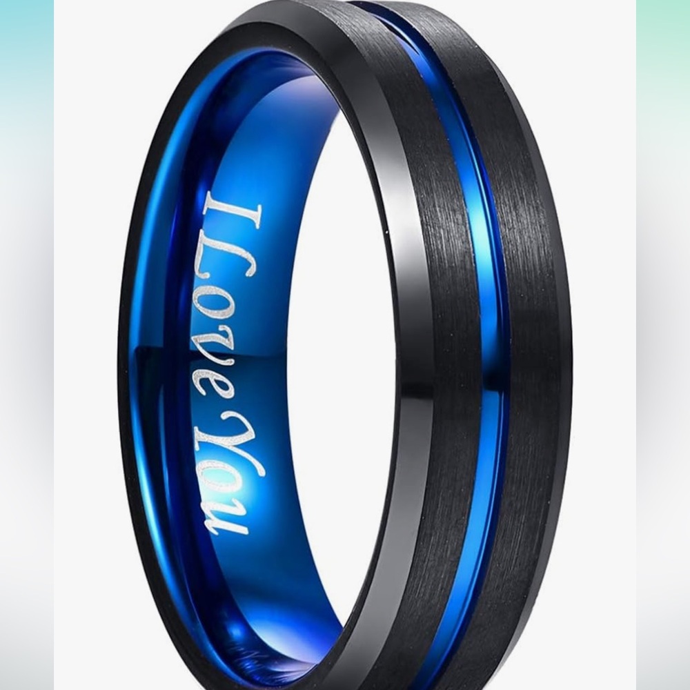 COPY - Tungsten steel Black and Blue engraved I love You Ring.